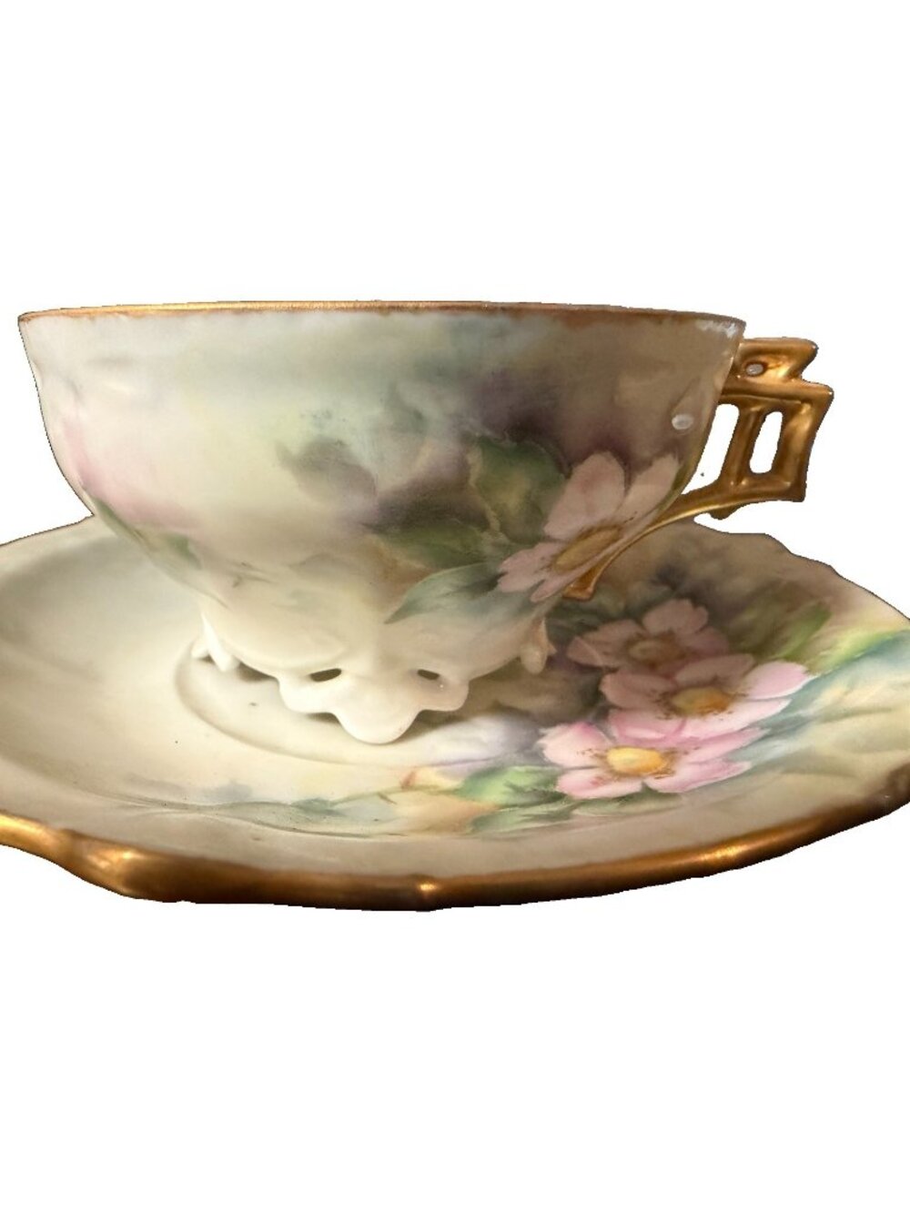 Hand-Painted Porcelain Tea Cup & Saucer With Floral Design And Gold Trim